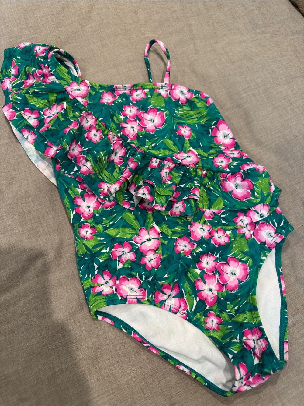 Janie and Jack Girls One-Piece Swimsuit in Teal Green with Pink Floral Print